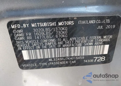 2019 Mitsubishi Mirage Le z USA, uszkodzony, nr VIN ML32A5HJ7KH016459